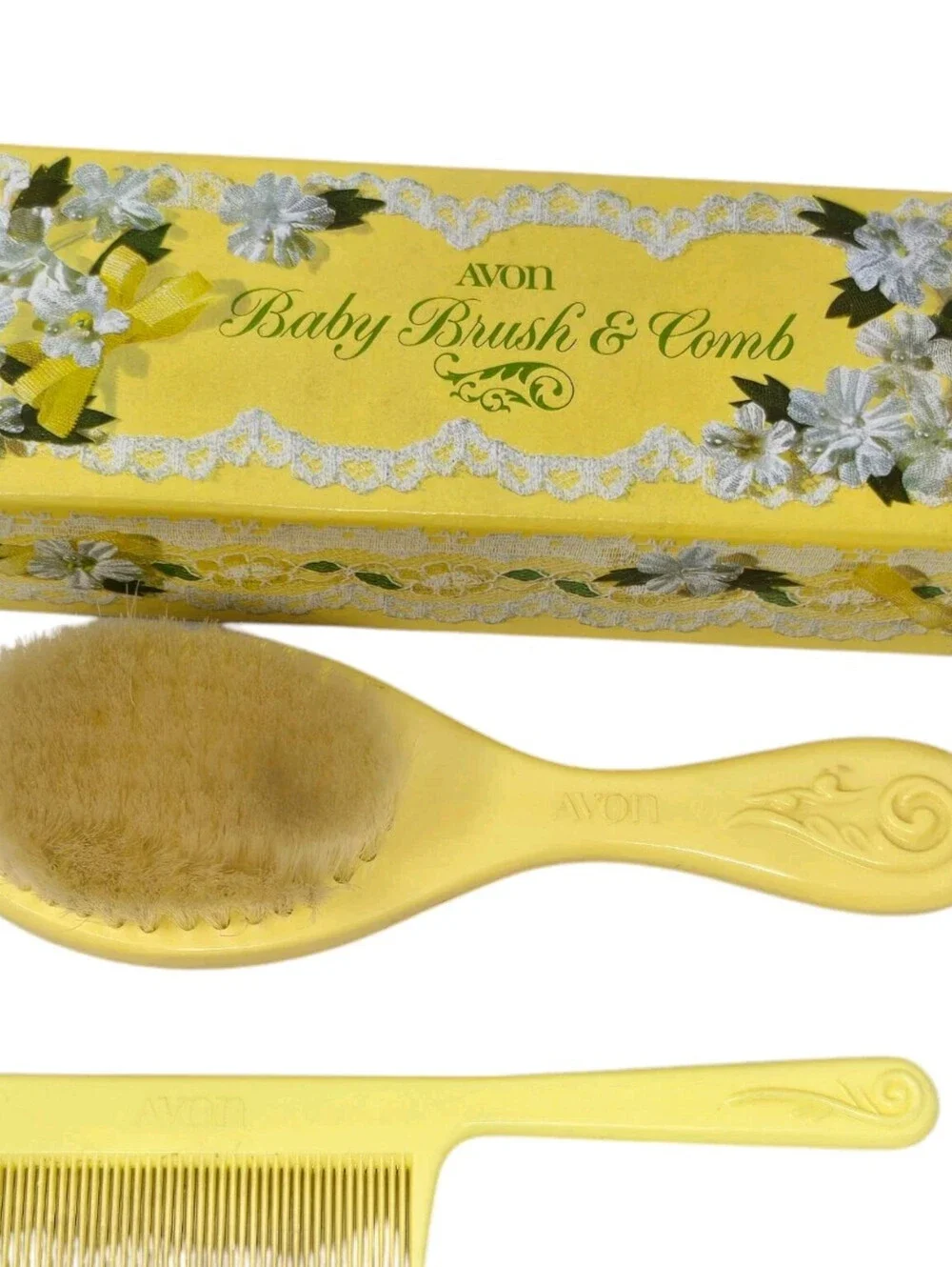 Vintage Avon Baby Brush and Comb Set Yellow W/ Original Box